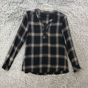 Sanctuary Top Womens Large Shoestring Tie Mandarin Collar Plaid Long Sleeve